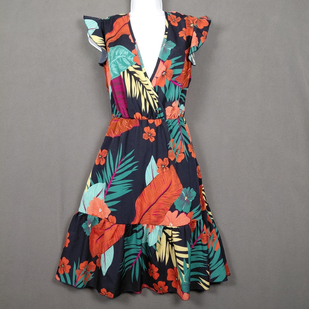 Tropical Floral V-Neck Ruffle Mini Dress Flutter Sleeve Tie Back High Waist ?Lg?